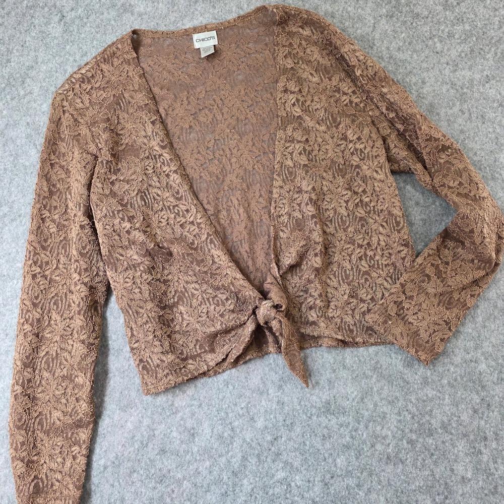 Chicos Lace Shrug Cardigan Bronze Tie Sheer Pointelle Large Whimsigoth Moody y2k